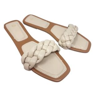 Cream Braided Square Toe Slide Sandals Flat Slip On Tan Footbed Women Size 9 NEW
